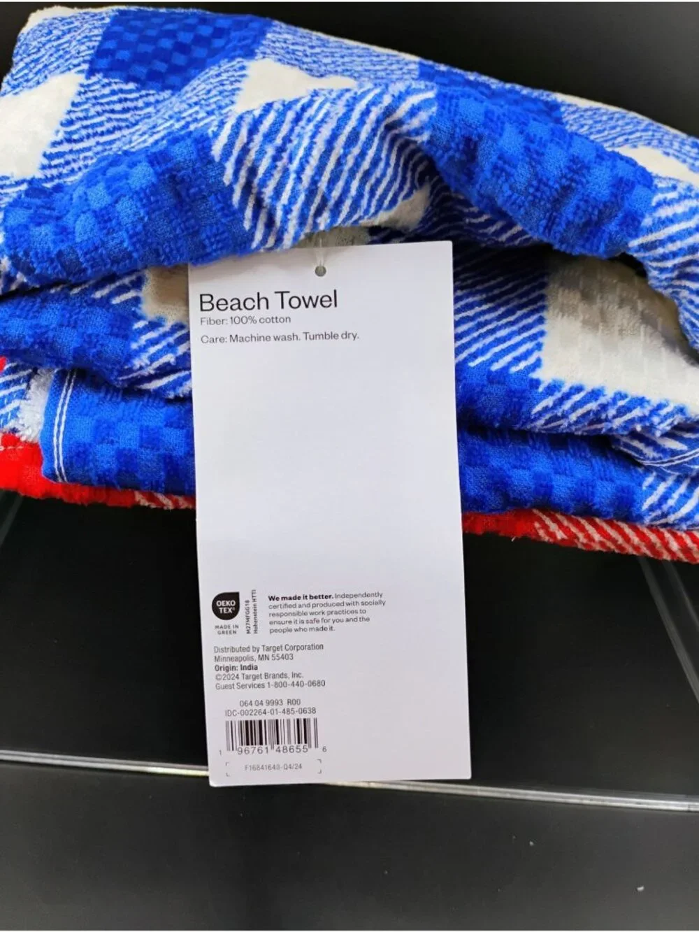 Room Essentials 6 Ft Extra Long Gingham Beach Towel Blue & Red